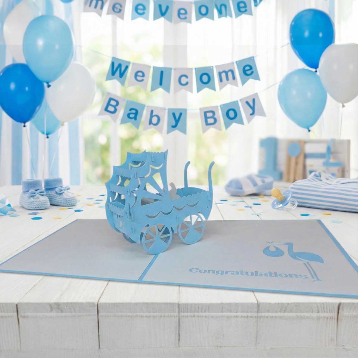 3D Blue Pram Pop Up New Baby Card | PopOra