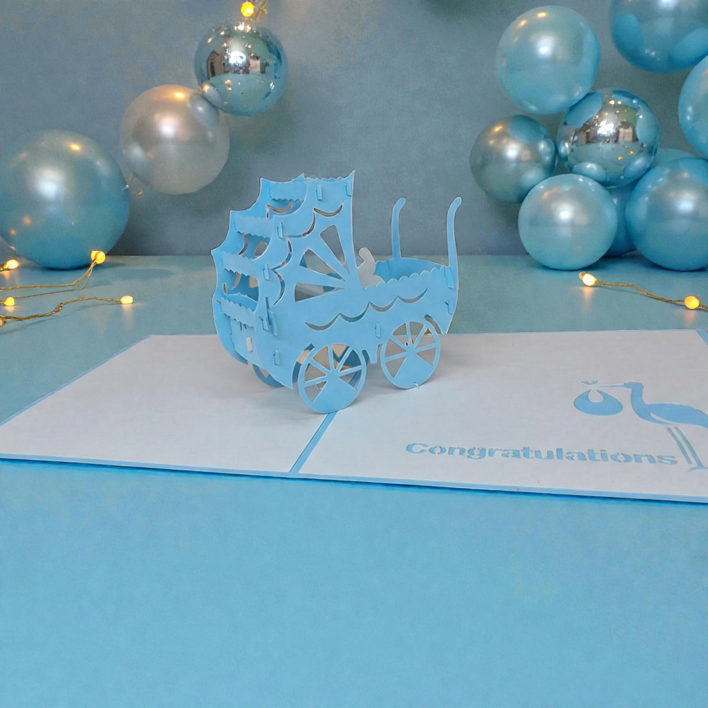 3D Blue Pram Pop Up New Baby Card | PopOra