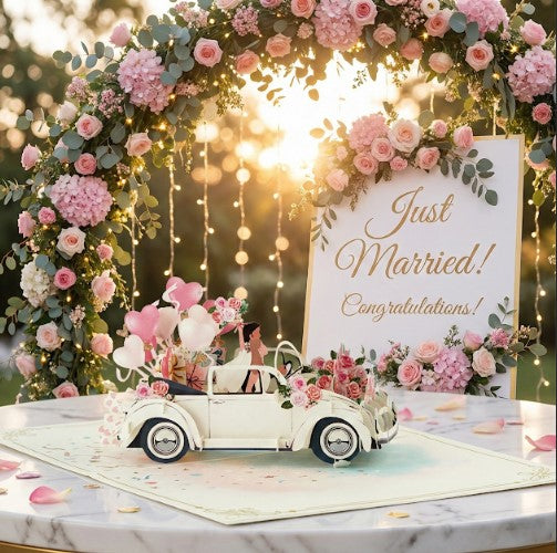 3D Mr & Mrs Wedding Car Pop Up Card | PopOra