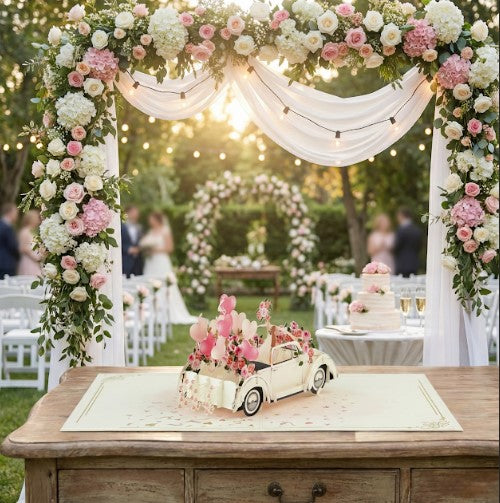 3D Mrs & Mrs Wedding Car Pop Up Card | PopOra