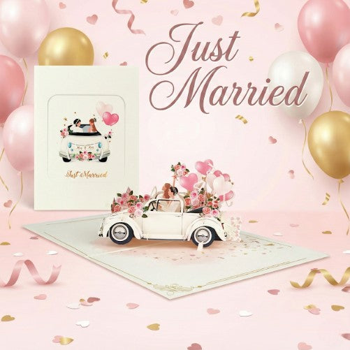 3D Mrs & Mrs Wedding Car Pop Up Card | PopOra